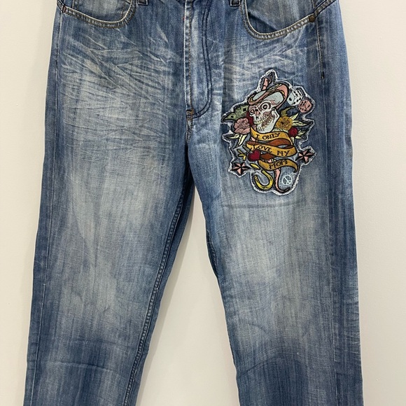 Indigo Red Jean’s Old School Baggy Mens Long Denim Rapper Jeans Embroiled Rare